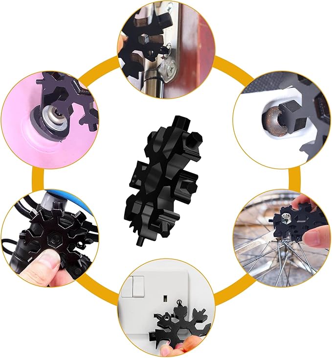Snowflake Multitool, 5 Pieces 18-in-1 Stainless Steel Snowflake Standard Multitool, Snowflake Tool with Key Ring, Carabiner Clip and Gift Bag (Black)