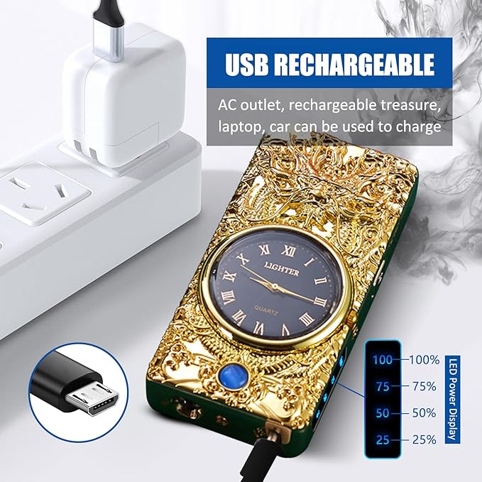 Cool Lighter with Clock Dial Electric Lighter with LED Power Display Plasma Lighter Windproof USB Rechargeable Lighter Gifts for Men Women(GoldDragon)