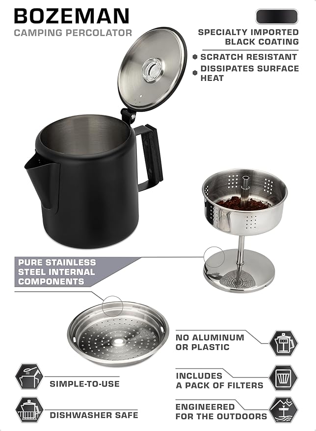 COLETTI Black Bozeman Percolator Coffee Pot — Camping Coffee Pot, Coffee Percolator – America’s Sleekest Percolator – Pure Stainless Steel, NO Aluminum or Plastic (6 Cup)
