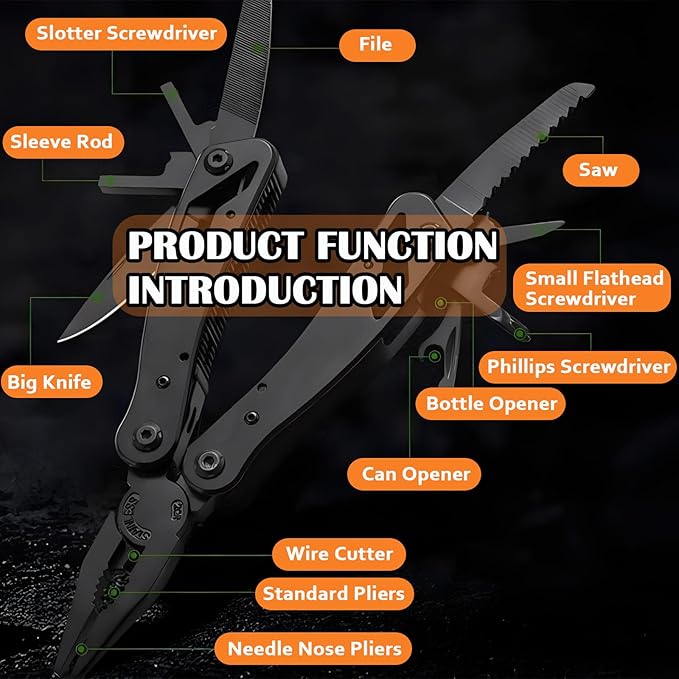 Multitool with Stainless Steel Pliers - Mini Folding Tool for Outdoor Camping, Survival, Portable and Multi-Purpose Use, Vehicle-Mounted Emergency Equipment with Wrench - Black