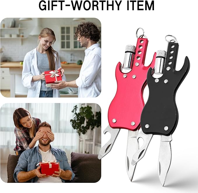 Mini Guitar-Shaped Multitool,3-in-1 Keychain Knife with Bottle Opener and Mini Flashlight,Gift for Men & Women,Set of 2