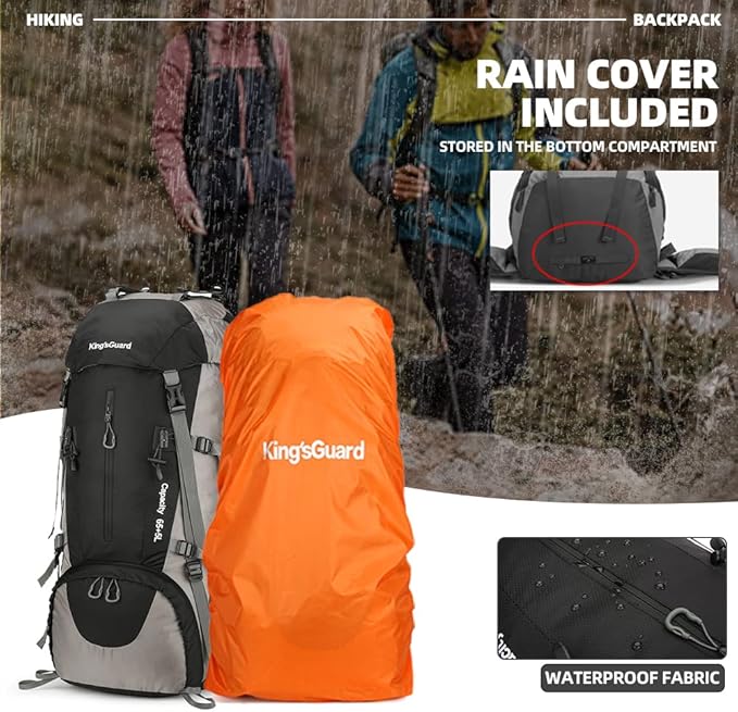 King'sGuard 70L Hiking Backpack Large Lightweight Waterproof Camping Backpack Travel Backpacking Backpack Daypack with Rain Cover -Frameless (Black)