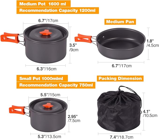 REDCAMP 11/12/17/22 PCS Camping Cookware Mess Kit, 800ml (28oz) Backpacking Camping Pot+Pan Set, Lightweight and Compact Cookware for Hiking, Picnic and Camping