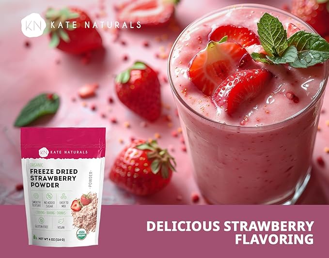 Kate Naturals Freeze Dried Strawberry Powder for Baking, Camping & Drinks. Natural Strawberry Flavoring for Cakes, Icing & Smoothies (4 oz, Organic)