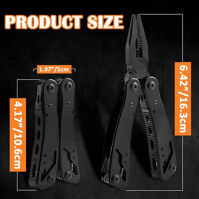 Multitool with Stainless Steel Pliers - Mini Folding Tool for Outdoor Camping, Survival, Portable and Multi-Purpose Use, Vehicle-Mounted Emergency Equipment with Wrench - Black