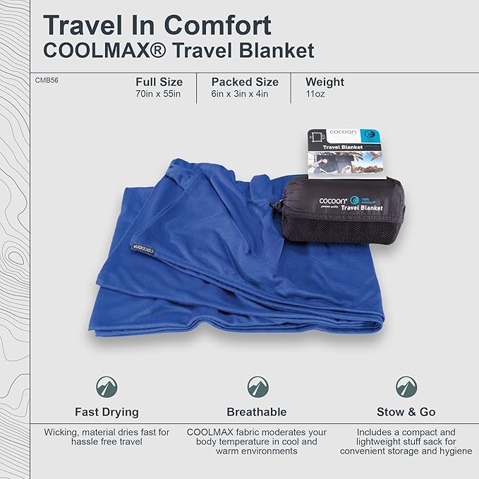 COCOON - Coolmax Travel Blanket | Compact Throw Blanket for Camping and Hiking | Fits in Backpack | Attaches to Luggage | Travel Essential | Fast Drying (Regular 70" x 55")