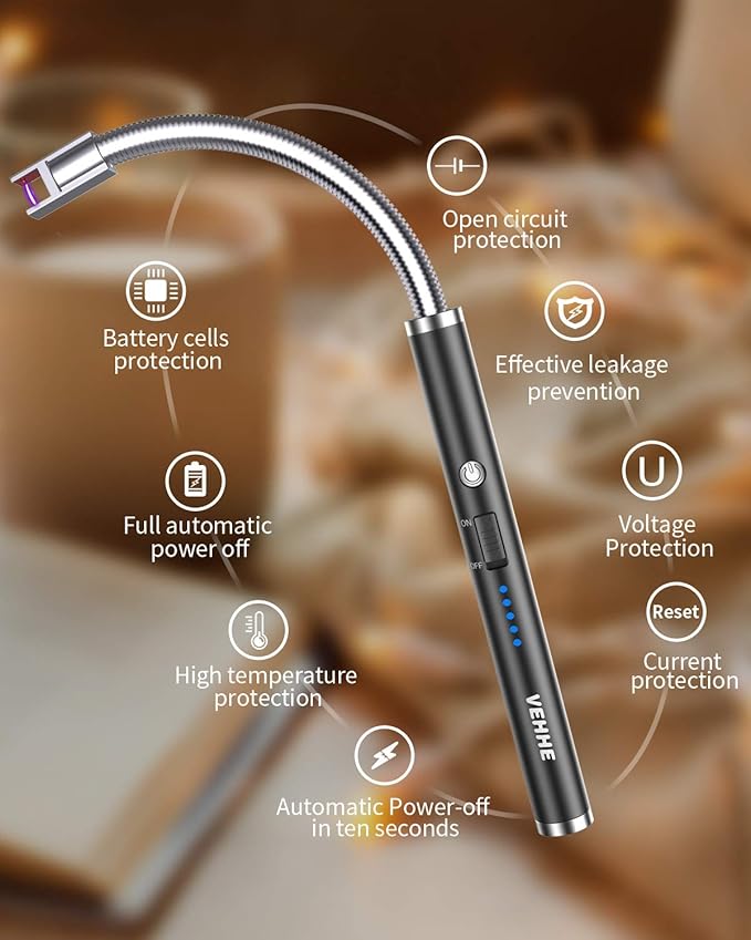 VEHHE USB Lighter, Candle Electric Lighter with Safety Lock Rechargeable Arc Lighter with LED Display, 360° Flexible Long Neck Lighters for Candles Grilling Cooking Barbecue Camping Windproof