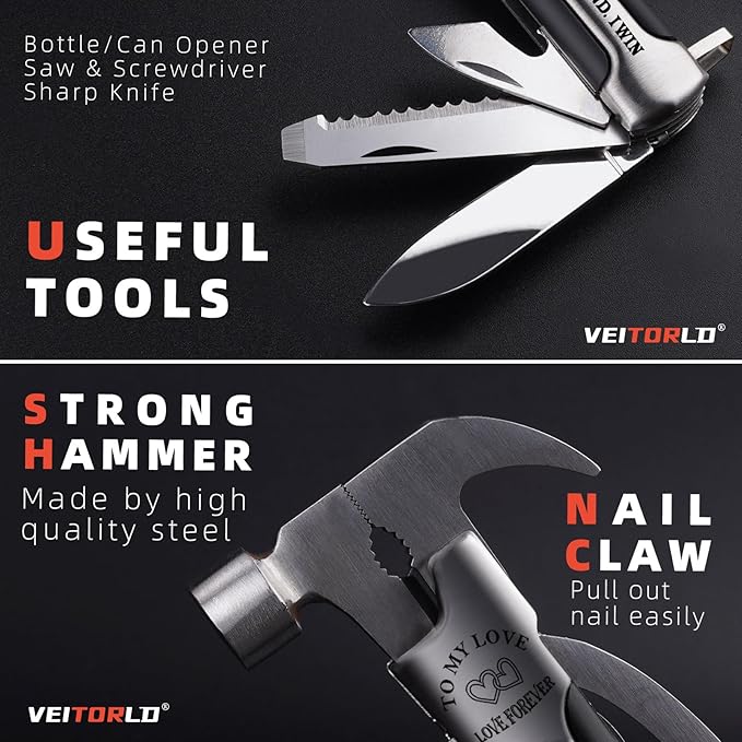VEITORLD Gifts for Husband Boyfriend Him, Anniversary Birthday Gift Ideas for Men Him, All in One Tools Mini Hammer Multitool with Engraved Wooden Box, Cool Gadgets Camping Accessories Survival Gear