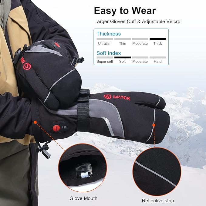Heated Mittens Battery Gloves Men Women, SAVIOR HEAT 2023 Flexible Crab Finger Rechargeable Ski Mitten with 7.4V 2200mAh Battery for Winter Snow Skating Camping Hunting Hiking Motorcycle