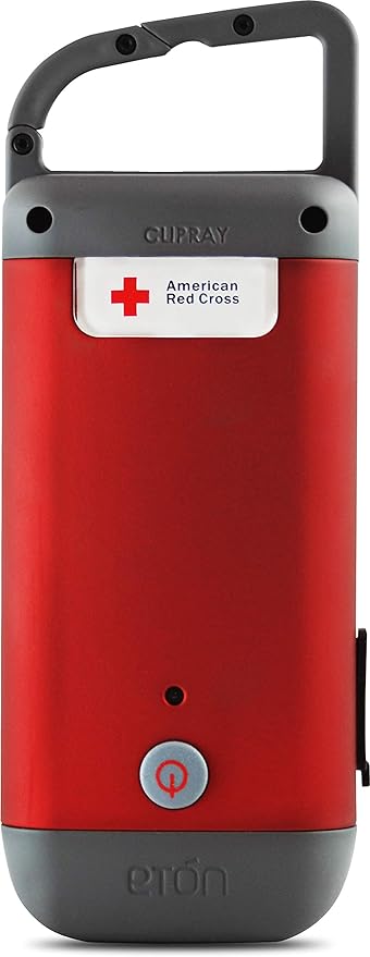 Eton American Red Cross Crank-Powered Clipray Clip-On Flashlight & Smartphone Charger, Hand Crank, Cherry Red, Commitment to Preparedness