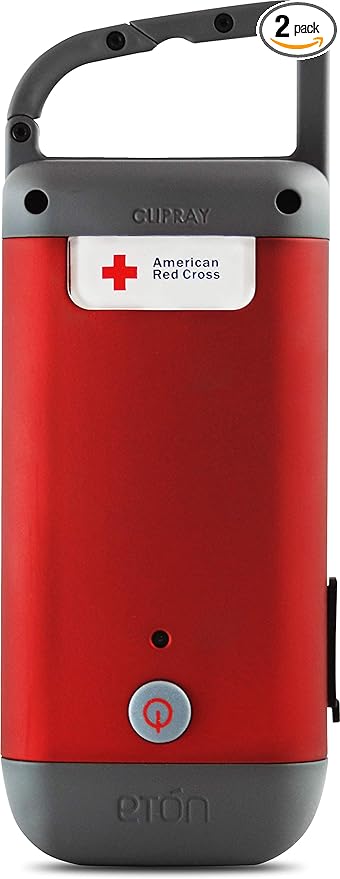 Eton - American Red Cross Clipray Crank-Powered, Clip-On Flashlight & Smartphone Charger,Cherry Red,Hand Crank, Hands Free Carabiner Clip, Pack of 2