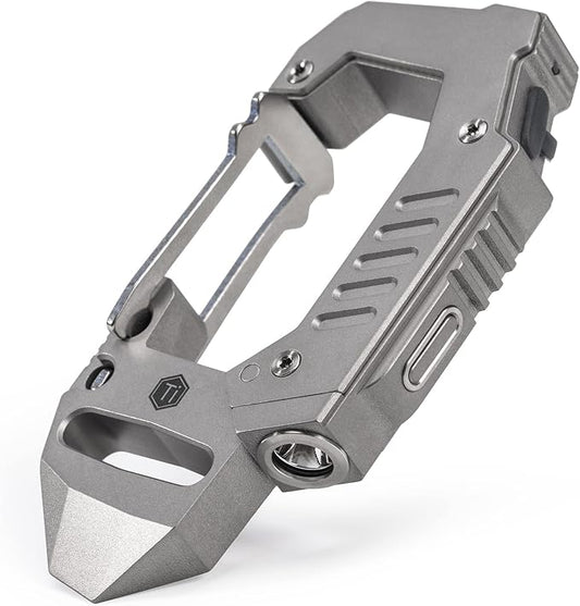KeyUnity KF02 Titanium Multitool Carabiner Clip, 7 in 1 Multifunctional Keychain Flashlight for Camping, Hiking & Outdoor Activities