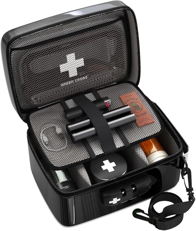 GREEN CROSS Smell Proof Bag Stash Box Medicine Bag Stash Bag 9x6x5 (Black Vinyl)