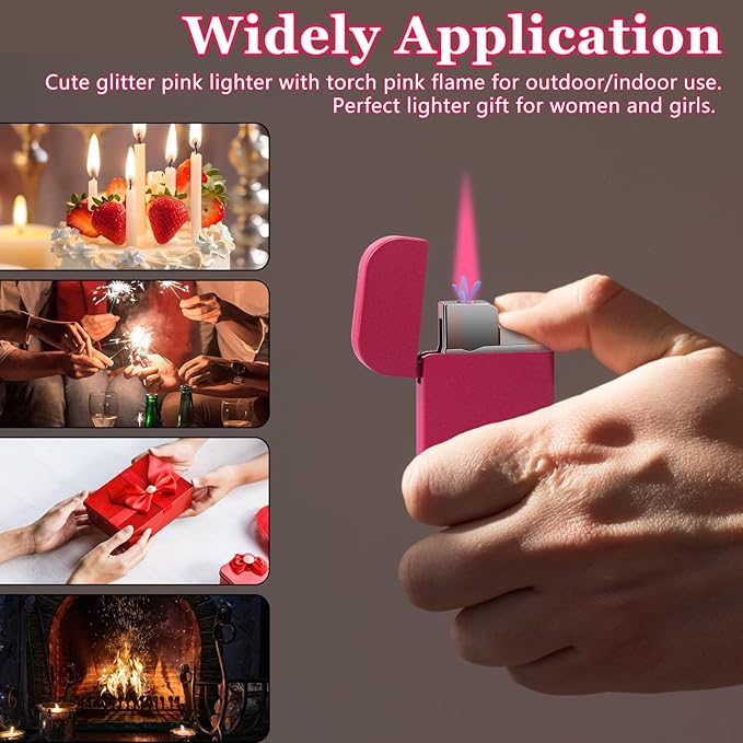 Pink Flame Torch Lighter,Cute Glitter Pink Lighter,Refillable Butane Lighter, Windproof Lighter for Outdoor Camping BBQ Candle,Nice Gift for Girls,Women on Birthday,Anniversary(1 Pack,without Butane)