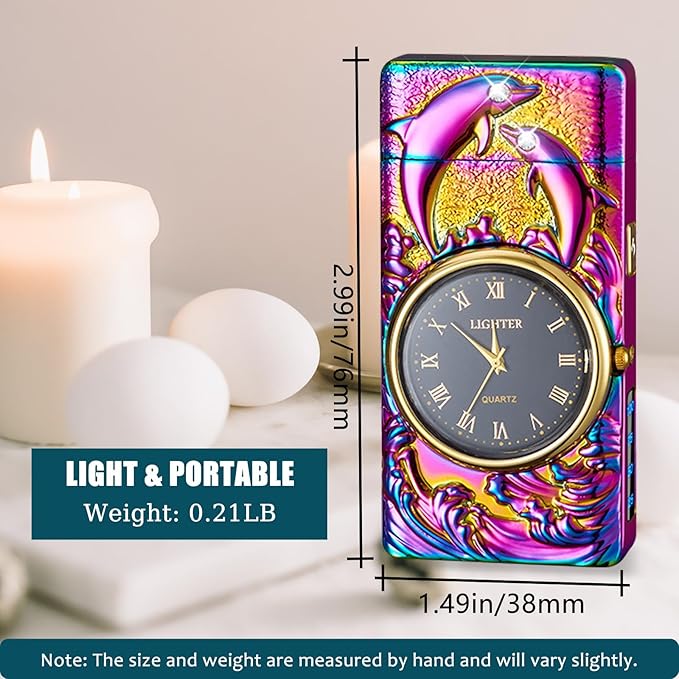 Rechargeable Lighter USB Electric Lighter Plasma Arc Candle Lighter with Clock Dial Windproof Electronic Lighter with LED Power Display for Camping, Hiking, Traveling (Colors Dolphin)