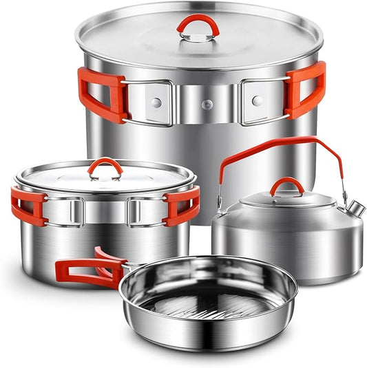 Camping Cookware Set,Camping Cooking Set,304 Stainless Steel Camping Pots and Pans Set,Camping Gear for Hiking Outdoor Cooking Picnics for 2-4 People