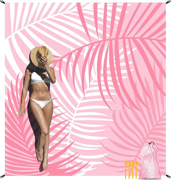 78''×86'' Pink Beach Blanket 1-4 Adults, Polyester Waterproof Sandproof Beach Mat with 4 Stakes & Pockets, Large Compact Foldable Outdoor Blanket for Picnic, Travel, Camping - Tropical Palm Leaves