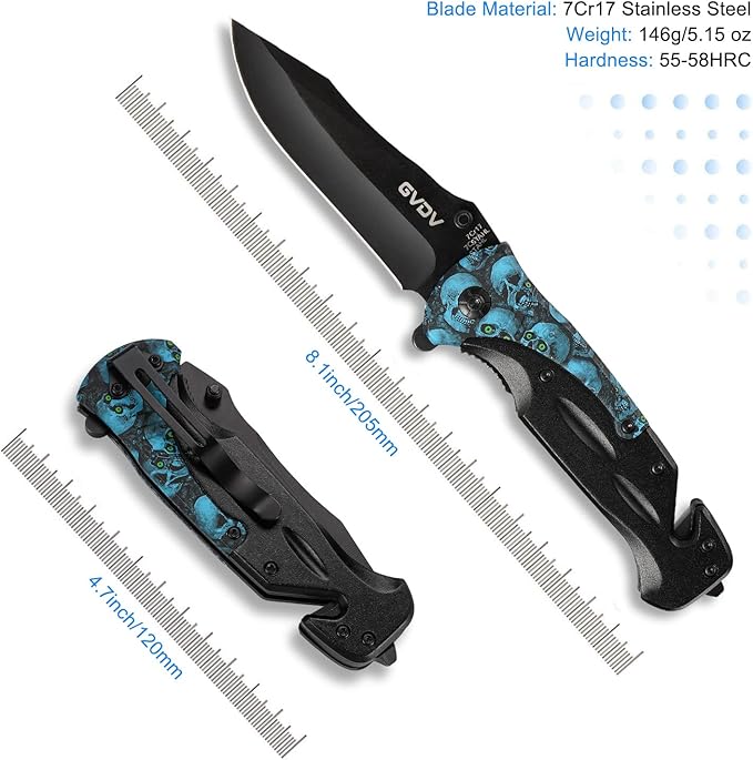 GVDV Utility Pocket Knife with 7Cr17 Stainless Steel - EDC Folding Knife for Outdoor Camping Hunting, Liner-Lock, Clip, Seatbelt Cutter, Glass Breaker for Emergencies, Father's Day Gifts, Blue Skull