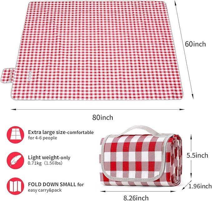 TONDAZHIYO Picnic Blankets Waterproof Foldable ,80”x60” Beach Blanket,Camping Sand mat, Large sandproof Lightweight Outdoor Blankets, Park (red & White)