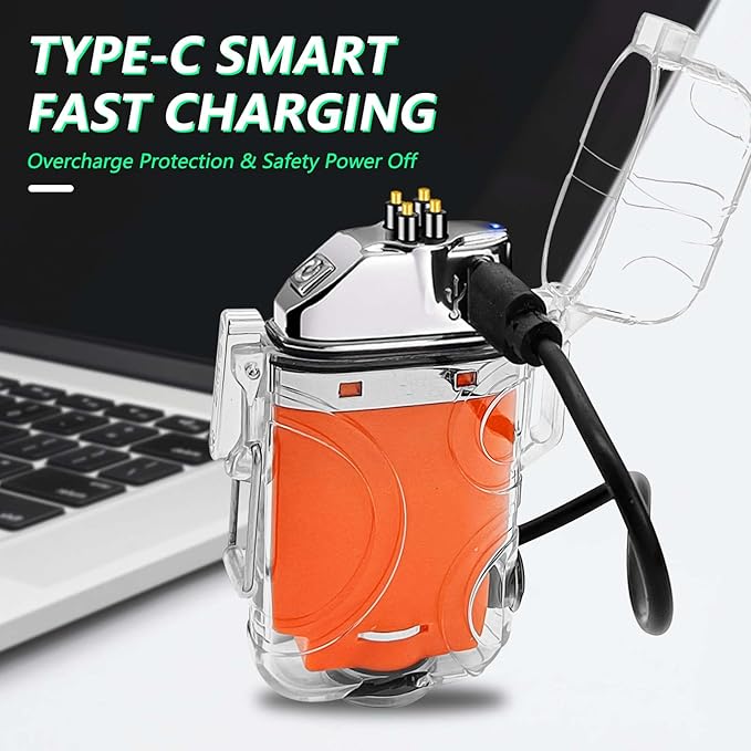 BABOBIU Electric Lighter Rechargeable USB Lighter Windproof Waterproof Portable Camping Lighter with Type-C Fast Charging for Camping, Hiking, Adventure (Orange)