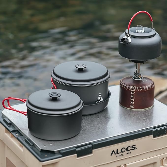Alocs Camping Cookware Set,Durable Aluminum Camping Cooking Set, Compact Camping Pots and Pans Set with Kettle, Non-Stick Camping Pan Camping Essentials for Outdoor Cooking, Hiking, and Picnics.