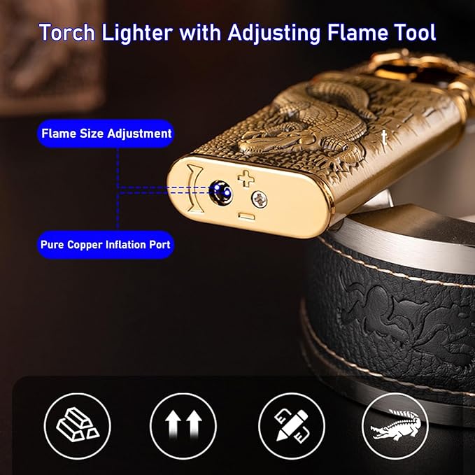 Torch Lighter, Relief Wolf Design Magic Dual Flame Lighter with Adjusting Flame Tool, Creative Windproof Lighter, Cool Jet Flame Butane Lighter, Refillable Butane Lighter for Outdoor Indoor