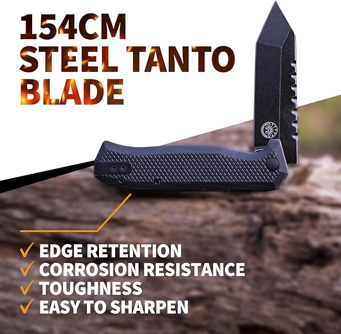 Off-Grid Knives - Viper V2 with154CM Steel Tanto Blade, Grippy G10 Scales, Left or Right Deep Carry Clip, Ceramic Ball Bearings (Blackwash)