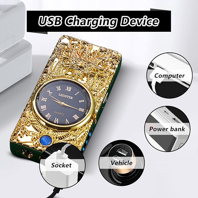 Lighter Multifunction with Led Display Arc Lighter Strong Windproof USB Rechargeable Lighter Fashion Luxury Metal Lighter with Clock Dial Suitable for Gifts(Gold)