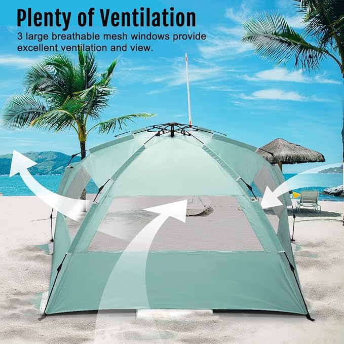 WhiteFang Deluxe Pop Up Beach Tent Sun Shade Shelter for 3-4/5-6 Person, UV Protection, Extendable Floor with 3 Ventilating Windows Plus Carrying Bag, Stakes, and Guy Lines
