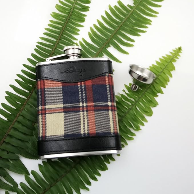 6oz Red Check and Black Leather Wrapped Hip Flask with a Funnel 18/8 Stainless Steel-YM113
