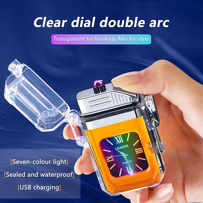 SKRFIRE Clear Waterproof Electric Lighter Rechargeable Plasma Double Arc Lighter Outdoor Windproof Flameless Lighter for Camping, Adventure, Survival (Orange)