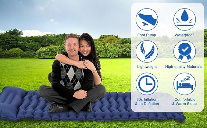 Camping Sleeping Pad, Ultralight Inflatable Sleeping Mat with Pillow, Compact Waterproof Camping Air Mattress, 77in x 27in x 3.54in Sleeping Mat for Traveling/Hiking (Blue)