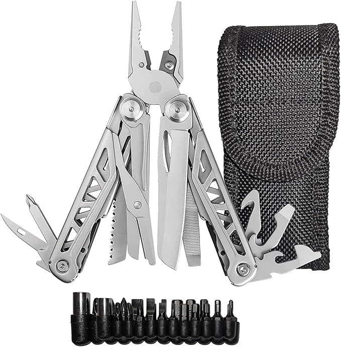 EPG Heavy Duty Multitool, Nylon Case and Screwdriver Bits, 18 Stainless Steel Locking Tools, EDC Gear with Pliers, Bottle Opener, Box Cutter and More, Fits in Pocket