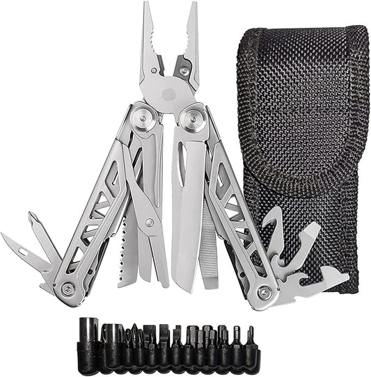EPG Heavy Duty Multitool, Nylon Case and Screwdriver Bits, 18 Stainless Steel Locking Tools, EDC Gear with Pliers, Bottle Opener, Box Cutter and More, Fits in Pocket