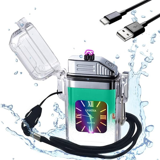 SKRFIRE Outdoor Windproof Lighter Electric Double Arc Lighter Plasma Lighter Rechargeable Lighter Fashionable and Cool Lighter Waterproof Transparent Lighter(Green and White Gradient)