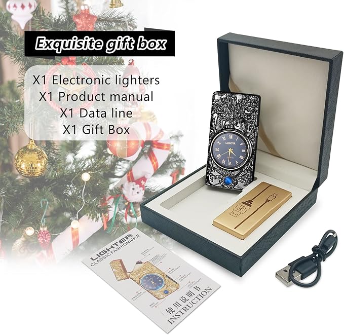 Plasma Lighter Dragon Lighter Windproof USB Rechargeable Electric Lighters Luxury Metal Lighter with Watch, Suitable for Gifts(Black)