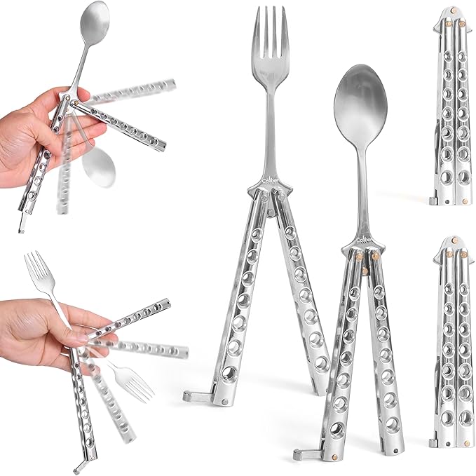 Caliber Gourmet Tactical Stainless Steel Folding Butterfly Knife Style Utensil, Fork, Spoon, Bottle Opener, Camping Hiking Kitchen BBQ Grill Picnic Flatware Utensil (Fork + Spoon), Christmas Gift