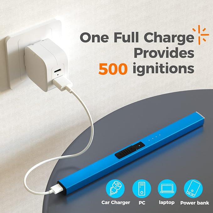 Lighter Candle Lighter, Electric Lighter USB Rechargeable Lighters Have Triple Safety and LED Battery Display, Windproof Flameless Plasma Arc Lighter for Candle Camping Grill (Blue)