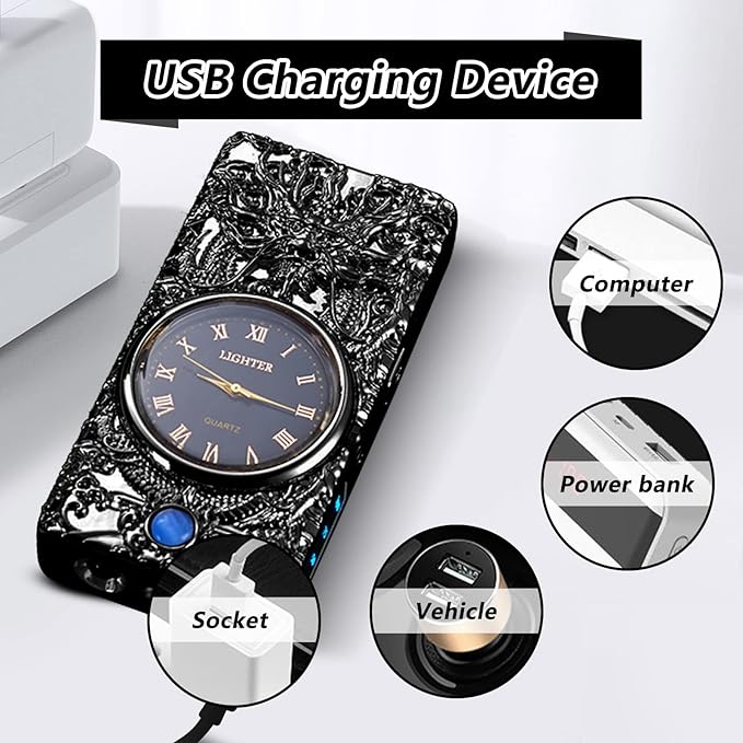 Plasma Lighter Dragon Lighter Windproof USB Rechargeable Electric Lighters Luxury Metal Lighter with Watch, Suitable for Gifts(Black)