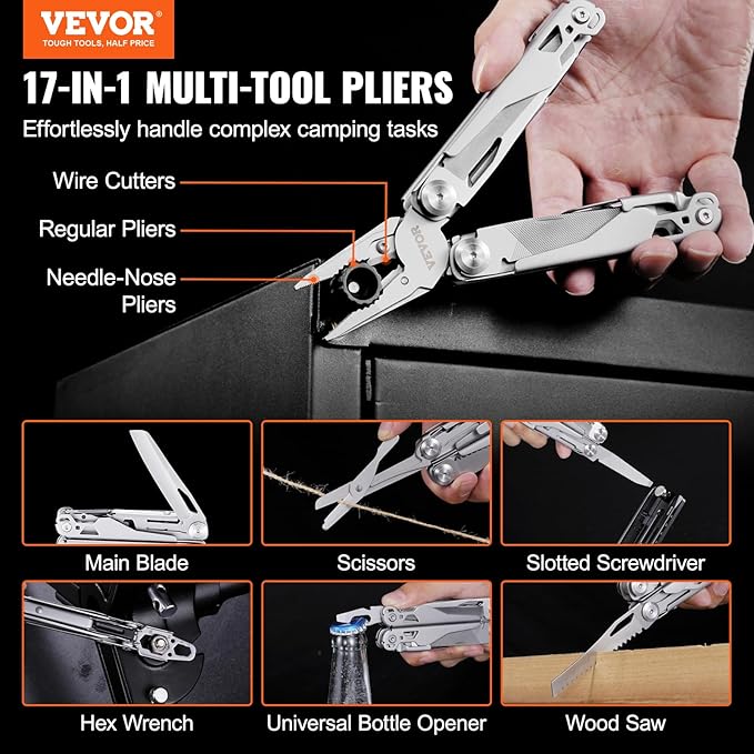VEVOR 29-in-1 Multitool Pliers,Stainless Steel Multi Tool Pocket K-nife,Self-locking Multitool Pliers with Sheath & Replaceable Screwdrivers Bits -Perfect for Outdoor Survival, Camping, Hiking