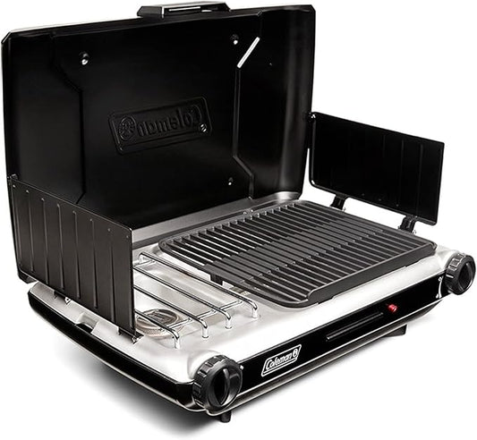 Coleman Tabletop 2-in-1 Grill & Stove with 2 Adjustable Burners, Propane Grill/Stove with Push-Button Starter, Wind Guards, Grease Tray, & 20,000 BTUs of Power for Camping, Tailgating, & More