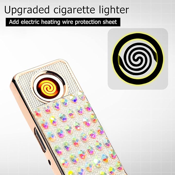 Rhinestone Lighter Electric Lighter Rechargeable Bling Glitter USB Lighter Flameless Girls Lighter for Women (White Multi)