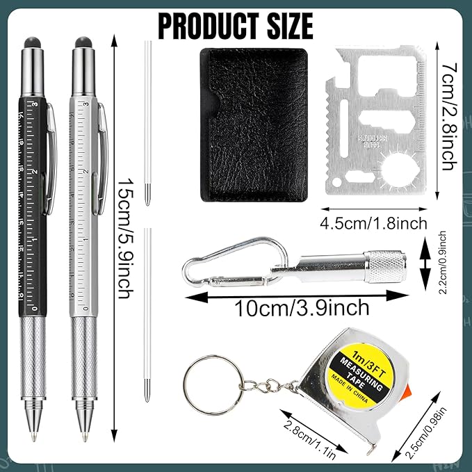 Whaline 10Pcs Multitool Pen Gift Set 2 LED Flashlight Keychain 2 Measuring Tape Keychain 2Pcs 6 in 1 Tool Pen 2 Black Pen Refill 2 Stainless Steel 11 in 1 Credit Card for Survival Camping Hunting