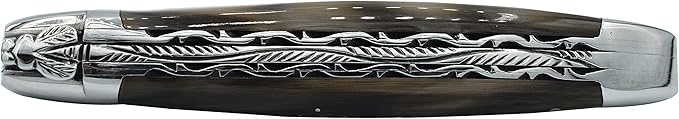 Laguiole en Aubrac Handcrafted Double Plated Folding Pocket Knife, 4.8-in (12cm), Solid Horn Handle, Damascus Blade, Stainless Steel Shiny Bolsters