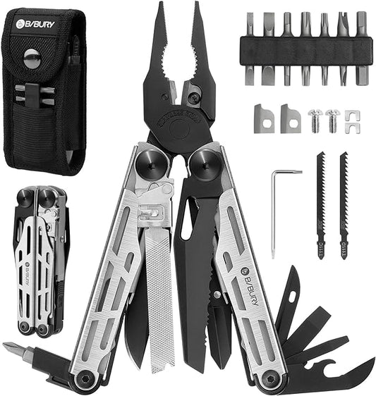 BIBURY Multitool Pliers Pro BI2045, Foldable Multitools with Replaceable Wire Cutters and Saw, Stainless Steel Multi Tool w/Upgraded Scissors and Screwdriver Set, Ideal for Camping, Fishing, Survival