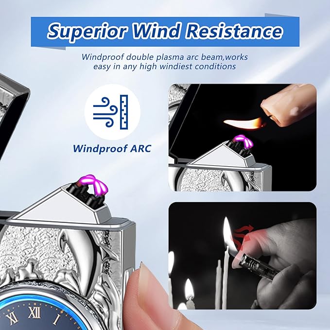 Gifts for Him Electric Lighters USB Type C Rechargeable Electronic Lighter Windproof Plasma Lighter with Safety Switch,Gifts for Men (Silver)