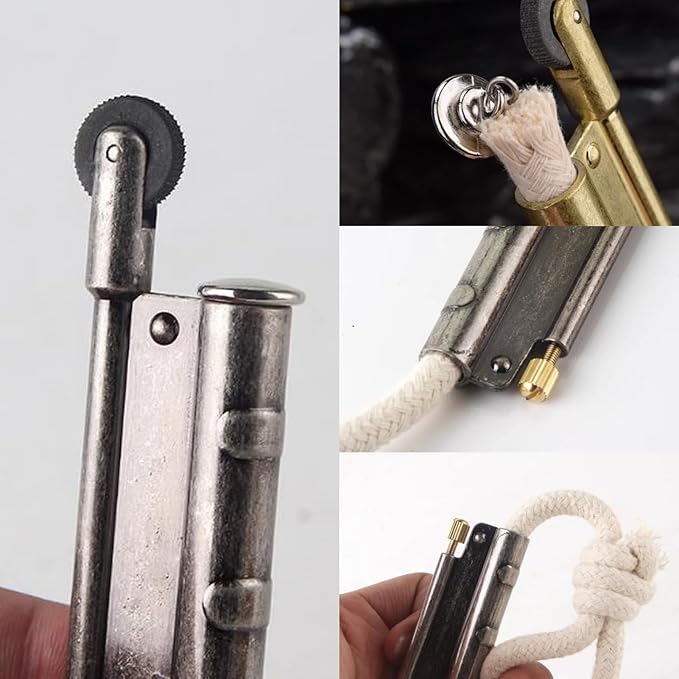 Vintage Metal Trench Lighter, Antique Windproof Rope Lighters, Portable Survival Shepherds Lighter Outdoor Camping (Silver)