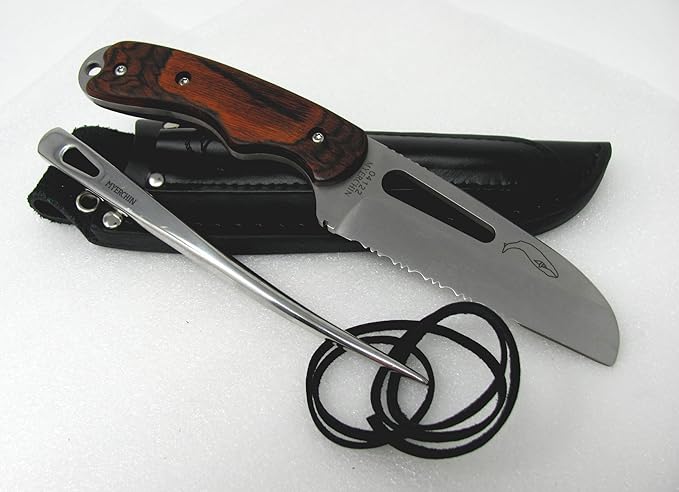 W100P Generation 2 Pro Wood Offshore Rigging System Fixed Blade and Marlinspike Fits in Leather Sheath