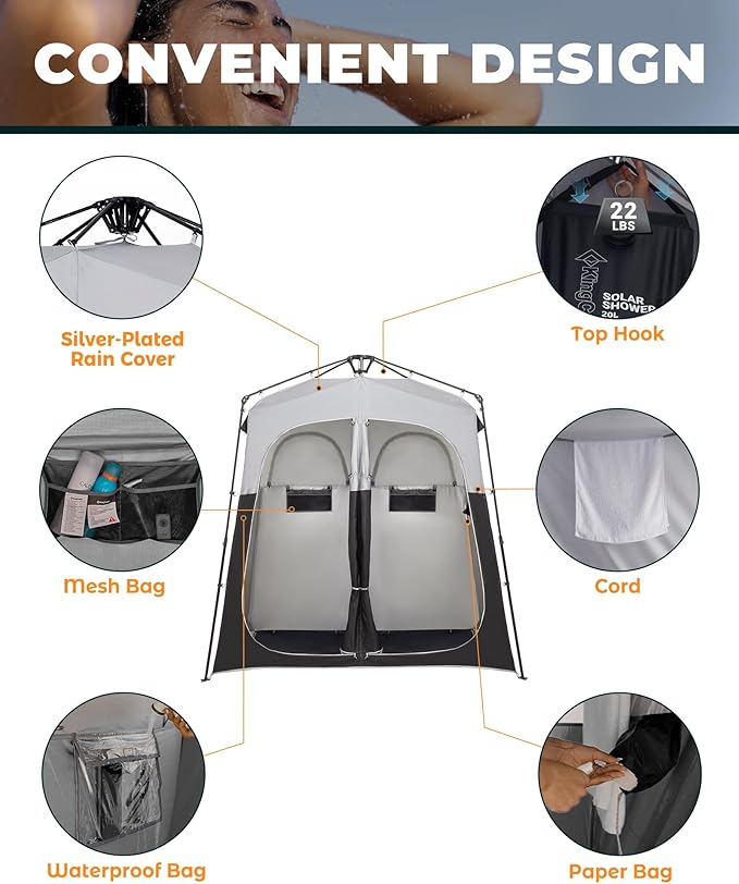 KingCamp Camping Shower Tent, Instant Portable Privacy Shelter, 1/2 Room Large Outdoor Toilet Tent with Floor, Water-Resistant, Windproof & Easy Setup for Beach, Camping & Hiking