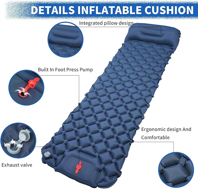 DDD Ultra-Light Inflatable Camping Sleeping Pad with its Built-in Foot Pump and Pillow - The Ultimate Camping pad, Hiking pad, Backpacking Pad and Lightweight for a Outdoor Sleep——Dark Blue